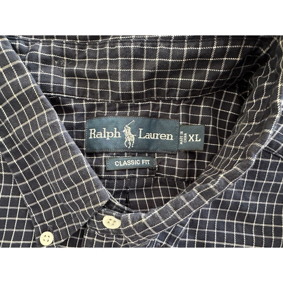 Ralph Lauren Classic Fit XL Button Up Check Navy Blue Light BluePony Long Sleeve - Picture 6 of 11